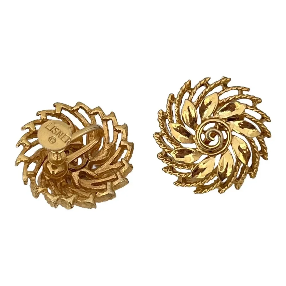 Vintage 1960s Lisner Screw Back Earrings Gold Tone Floral - 1E